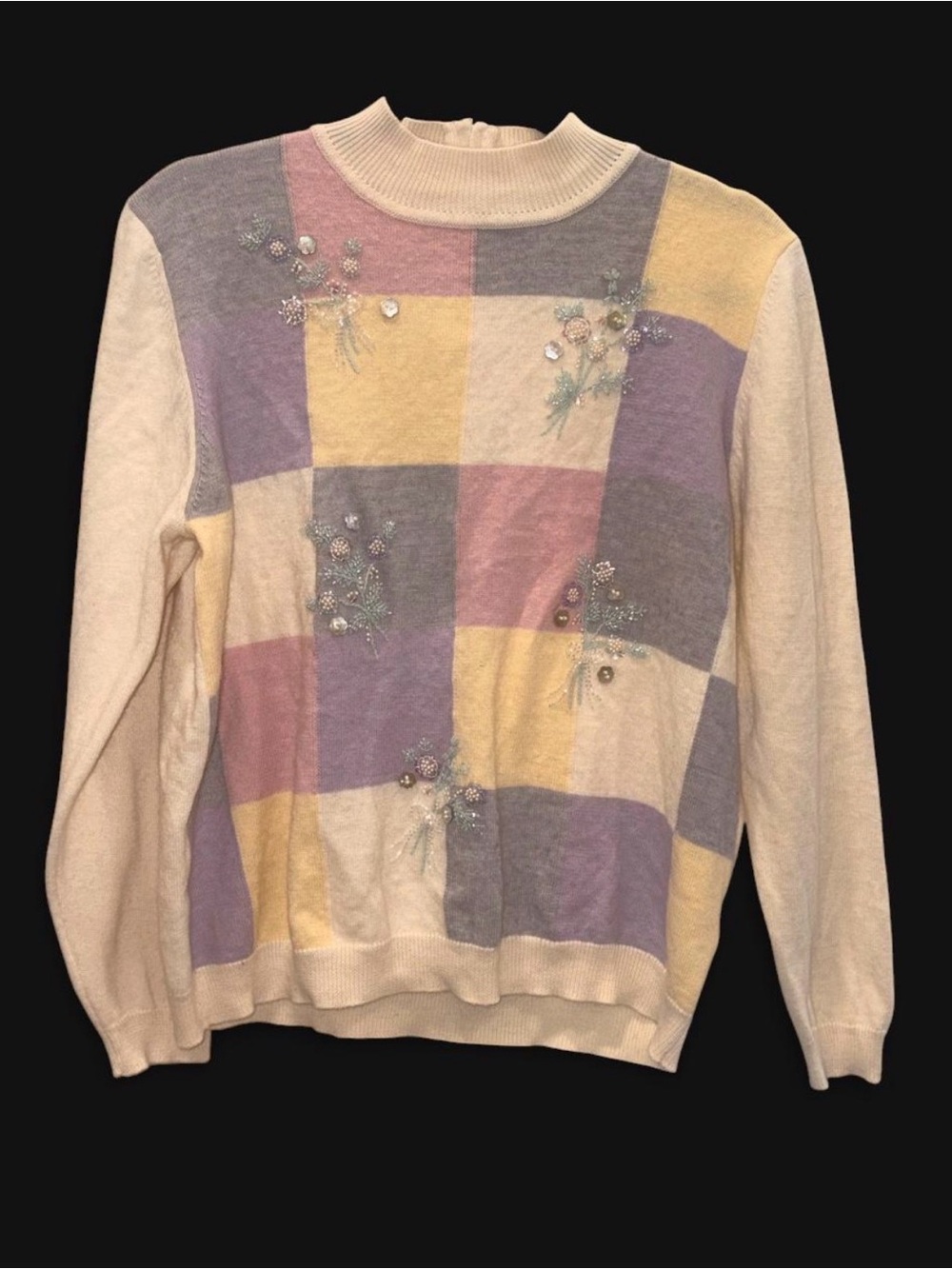 Alfred Dunner Pastel Check Crewneck Sweater - Cream, Lavender & Yellow